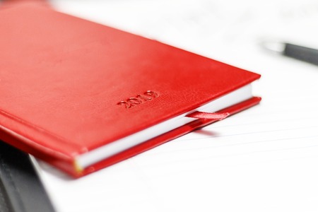diaries, red skin, stationery. Diary for the year 2019. Ballpoint pen in black. outline word lettering. have toning. shallow depth of field.の写真素材