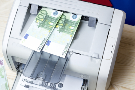 printed euro. home printer. concept crime fake moneyの写真素材