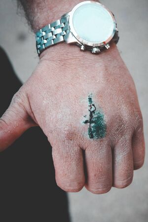 hand close up. on it is cut and sewn with thread. natural refreshmentの写真素材