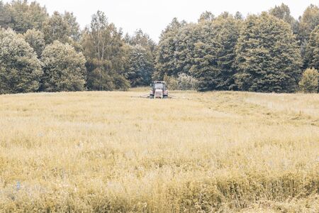 Tractor mows the grass. harvesting hay for the winter.の写真素材