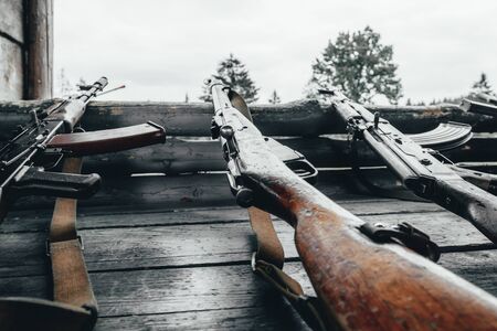 military training. the weapon is at the ready. machine guns, rifles, and machine guns. all different erasの写真素材