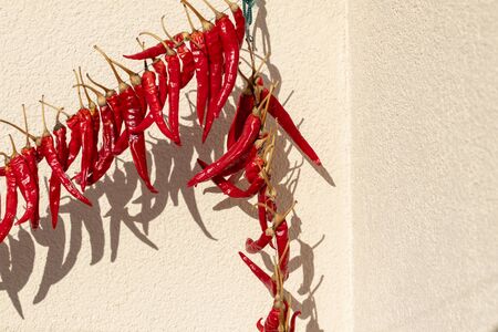 daylight. red pepper dries on a rope in the street. there is tintingの写真素材