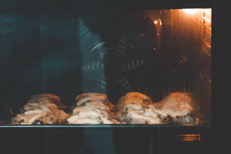 cooking meat in the oven at home. The door is closed. skyline litteredの写真素材