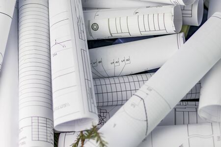 texture. engineering plans twisted into a roll. close-up.の写真素材