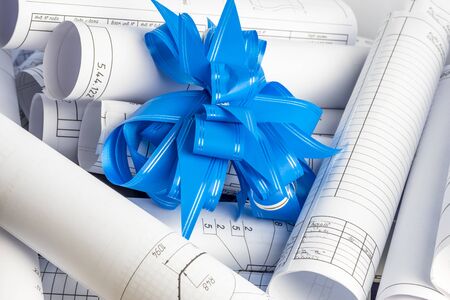 the engineer drew a plan of the house, it is twisted into a roll. They lie on branches from a spruce. And a blue bow. Discounts on design services.の写真素材
