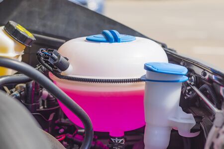daylight. hood up. Expansion tank with pink liquid. Close-up.