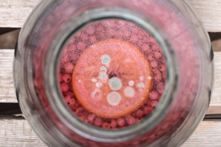 wooden board in a retro stele. On it is a glass jar with liquid and red berries in it and lemon and...