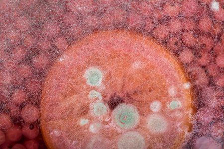 wooden board in a retro stele. On it is a glass jar with liquid and red berries in it and lemon and grapefruit added. They are covered with natural mold, rotの写真素材