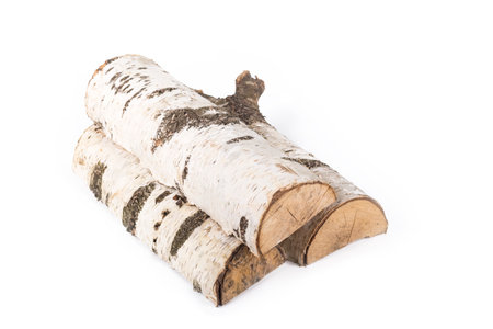 On white background. A piece of wood chipped with an ax. Birch with bark. Close-up. No isolation
