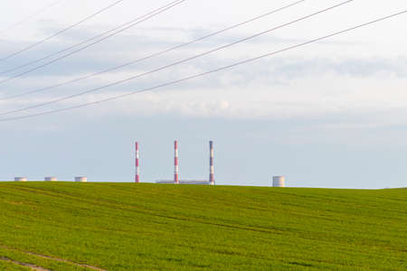 street lighting. pipes for draining dama from boilers in a thermal power plant. on the background of...