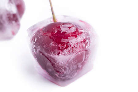 the background is white. Red cherries in ice cubes. Close-up. Macroの写真素材