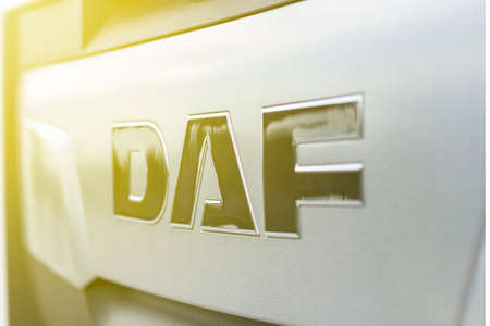Minsk. Belarus. May 28, 2020. Street lighting. On the truck cab is the inscription Daf. Sun flare. Close-upのeditorial素材