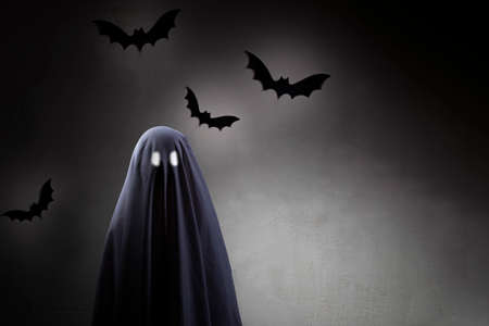 halloween. the child is covered with a white sheet, a ghost. there are painted bats in the...
