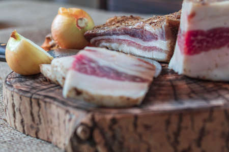 small depth of field. lard layer sprinkled with spices on top. next to the onion head. a kitchen knifeの写真素材