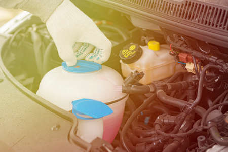 daylight. Expansion tank with pink liquid. the master inspections. close-up.