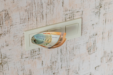 socket and switch in the wall. the euros are in it. tariff growth. saving electricity.