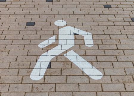 natural light. the silhouette of a pedestrian was painted with white paint on paving slabs.の写真素材