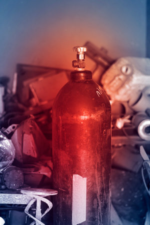 valve on the oxygen cylinder. Cylinder compressed gases for oxygen, nitrogen, carbon dioxide, hydrogen and argon for weldingの写真素材