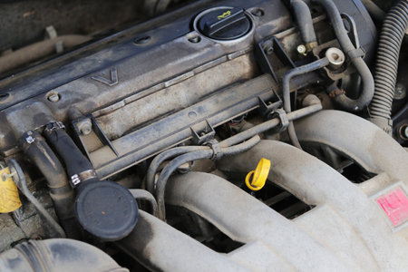 engine. natural light. The whole engine is in dust and oil stains. close-up.の写真素材