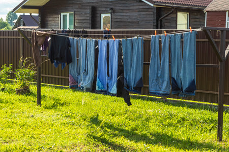 A variety of denim jeans and clothes are hanging on a clothesline outdoors, catching sunlight in a grassy backyard, showing the simple task of drying laundry.の写真素材