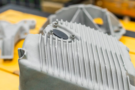 The metal engine component showcases intricate design features, capturing the smooth surfaces and...