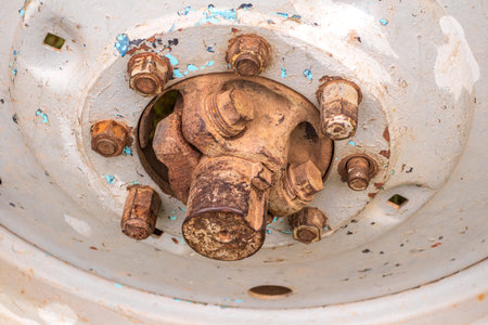 Close-up of tractor wheel hub on a rural field in bright daylight showcasing details of mechanical componentsの写真素材