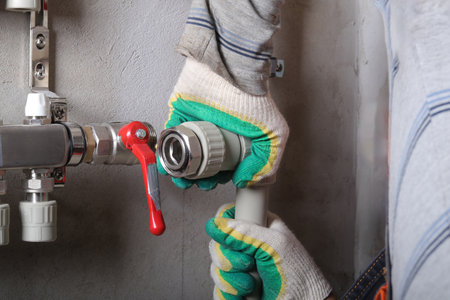 A person in gloves is using a pipe cutter on a wooden floor during a home improvement task. The...