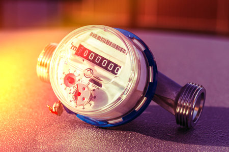 The water meter sits on a surface, indicating weather. It shows no water usage with all readings at...