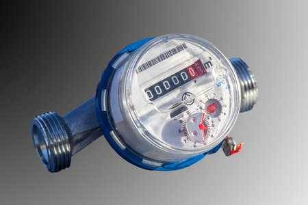 The water meter sits on a surface with frost, indicating cold weather. It shows no water usage with...