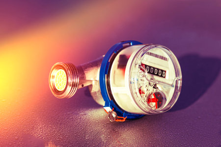 The water meter sits on a surface with frost, indicating cold weather. It shows no water usage with...