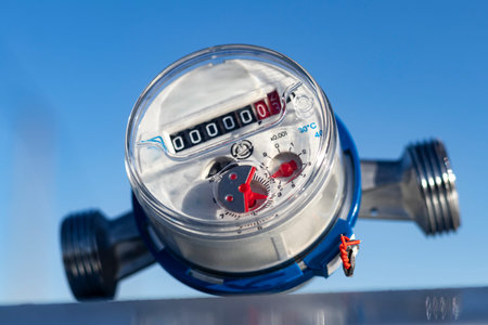 The water meter sits on a surface, indicating cold weather. It shows no water usage with all...