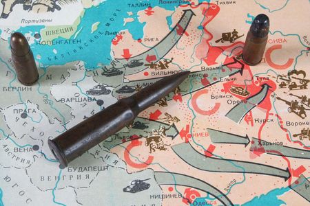 Old cartridges on a background of a card of the Europeの写真素材