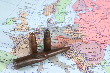 Old cartridges on a background of a card of the Europeの写真素材