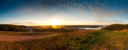 panorama a landscape sunrise over the riverの写真素材