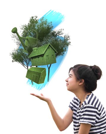 woman holding eco things, sustainable concept isolated on whiteの写真素材