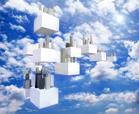 Buildings on white flying box in the cloudy sky, Future sky city