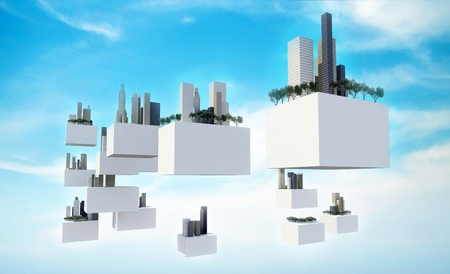 Buildings on flying box in the cloudy sky, Future sky city