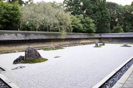 A Zen Rock Garden in Ryoanji Temple In a garden fifteen stones on white gravel  Kyoto Japan  の写真素材