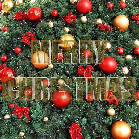 Merry Christmas with Decorative Christmas balls and Christmas treeの写真素材