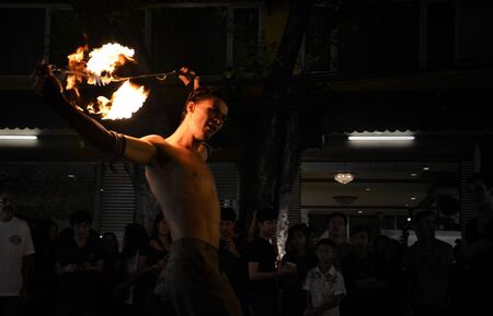 BANGKOK - DEC 16  Crowd walk through the Phra Athit Walking Street,  Rattanakosin recall  festival on December 16, 2012 in Bangkok, Thailand  Its a tourist attraction primarily for night life and entertainment のeditorial素材