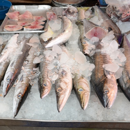 variety of fresh fish seafood in chonburi market, thailandの写真素材