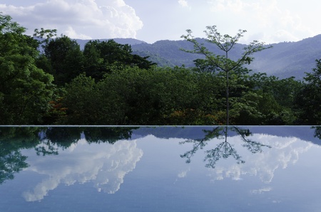 cloud and tree reflections on the infinity pool のeditorial素材