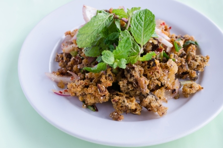 spicy minced catfish salad, delicious thai foodの写真素材