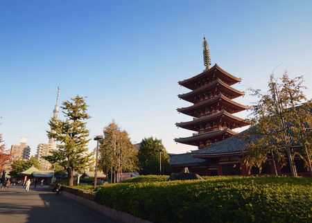 The ornate five-storey pagoda at Sensoji Temple in Tokyo, Japan  のeditorial素材