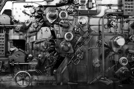 Detail of a rusted machine in abandoned factory, Black and white tone
