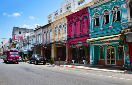Phuket, Thailand - April 15, 2014 : Old building Chino Portuguese style in Phuket on April 15, 2014 in Phuket, Thailand. Old building is a very famous tourist destination of Phuket. のeditorial素材