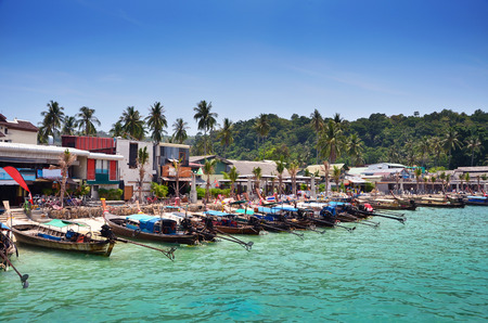 Long Tail Boats on Beach at Phi Phi Leh island, Krabi province, Thailandの写真素材