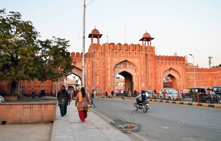 Jaipur, India - December 29, 2014: People visit Sanganeri Gate, Johari Bazar Road, Near MI road of Jaipur on December 29, 2014. Jaipur is the capital and largest city of the Indian state of Rajasthan in Northern India.のeditorial素材