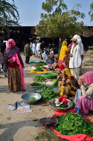 Jodhpur, India - January 2, 2015: Indian people shopping at typical vegetable street market in India on January 2, 2015 in Jodhpur, India. Food hawkers in India are generally unaware of standards of hygiene and cleanliness.のeditorial素材