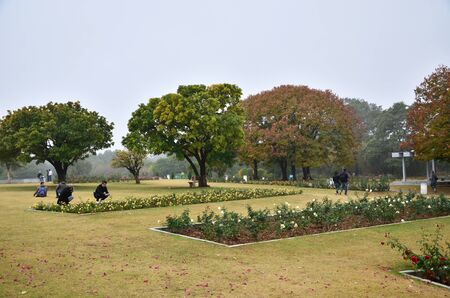 Chandigarh, India - January 4, 2015: People visit Zakir Hussain Rose Garden on January 4, 2015 in...